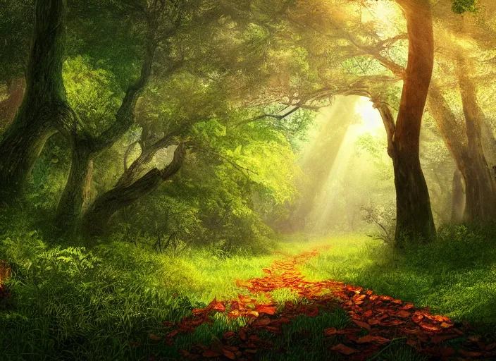 Image similar to Old oak forest trail, lush vegetation, gentle rays of sun, fallen leaves atmospheric, hyper detailed, digital art