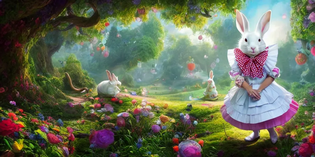 Image similar to The White Rabbit, Alice in wonderland, colorful, wide angle, super highly detailed, professional digital painting, artstation, concept art, smooth, sharp focus, no blur, no dof, extreme illustration, Unreal Engine 5, Photorealism, HD quality, 8k resolution, cinema 4d, 3D, beautiful, cinematic, art by artgerm and greg rutkowski and alphonse mucha and loish and WLOP