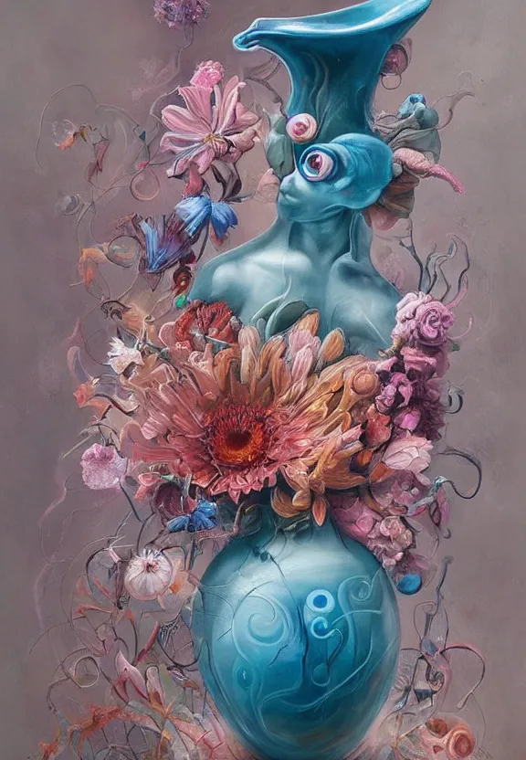 Prompt: a biomorphic painting of a vase with flowers and eyeballs in it, a surrealist painting by Marco Mazzoni, by Dorothea Tanning, Peter Mohrbacher, pastel blues and pinks, featured on artstation, metaphysical painting, oil on canvas, fluid acrylic pour art, airbrush art, seapunk, rococo, lovecraftian