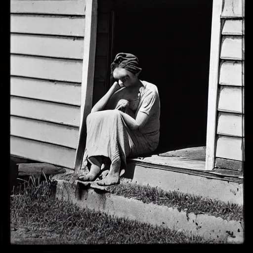 Image similar to Award winning Dorothea Lange photo, 1934, Great Depression. Woman sitting with crossed ankles on the steps of her house in the Kansas dustbowl. She stares off into the distance, resting her head on her hands. Americana, vintage, Pulitzer Prize.