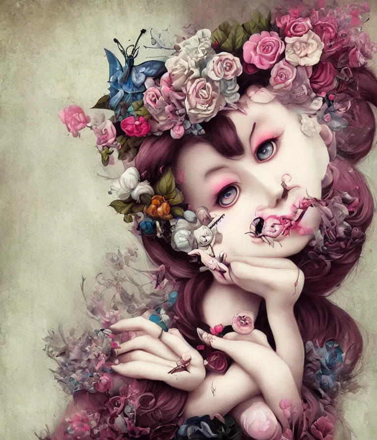 Prompt: pop surrealism, lowbrow art, realistic alone cute alice girl painting, japanese street fashion, hyper realism, muted colours, rococo, natalie shau, loreta lux, tom bagshaw, mark ryden, trevor brown style