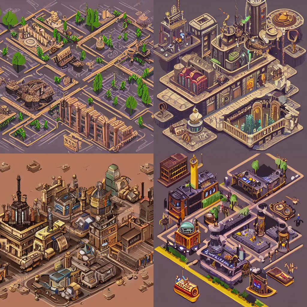 Prompt: steampunk city, isometric
