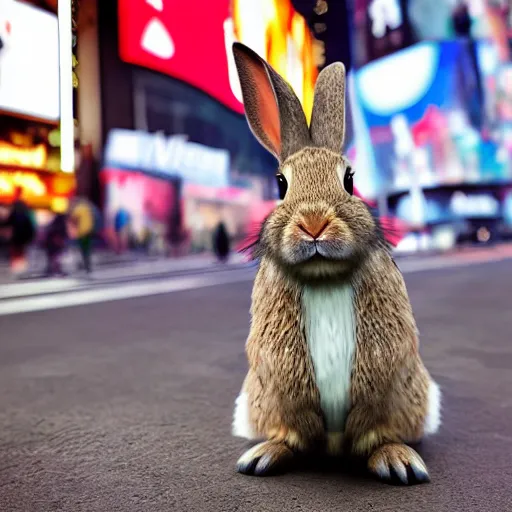 Image similar to a rabbit standing in times square, photorealistic