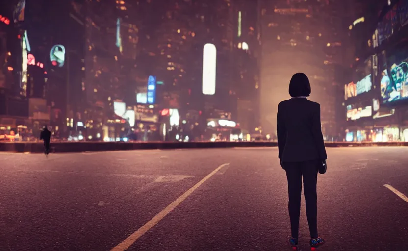 Prompt: a wide shot of a woman with a wool suit, very short hair, blurred face, wearing an omega speedmaster on her wrist in front of a crowded dystopian city full of people walking at night with fog and cyberpunk lights