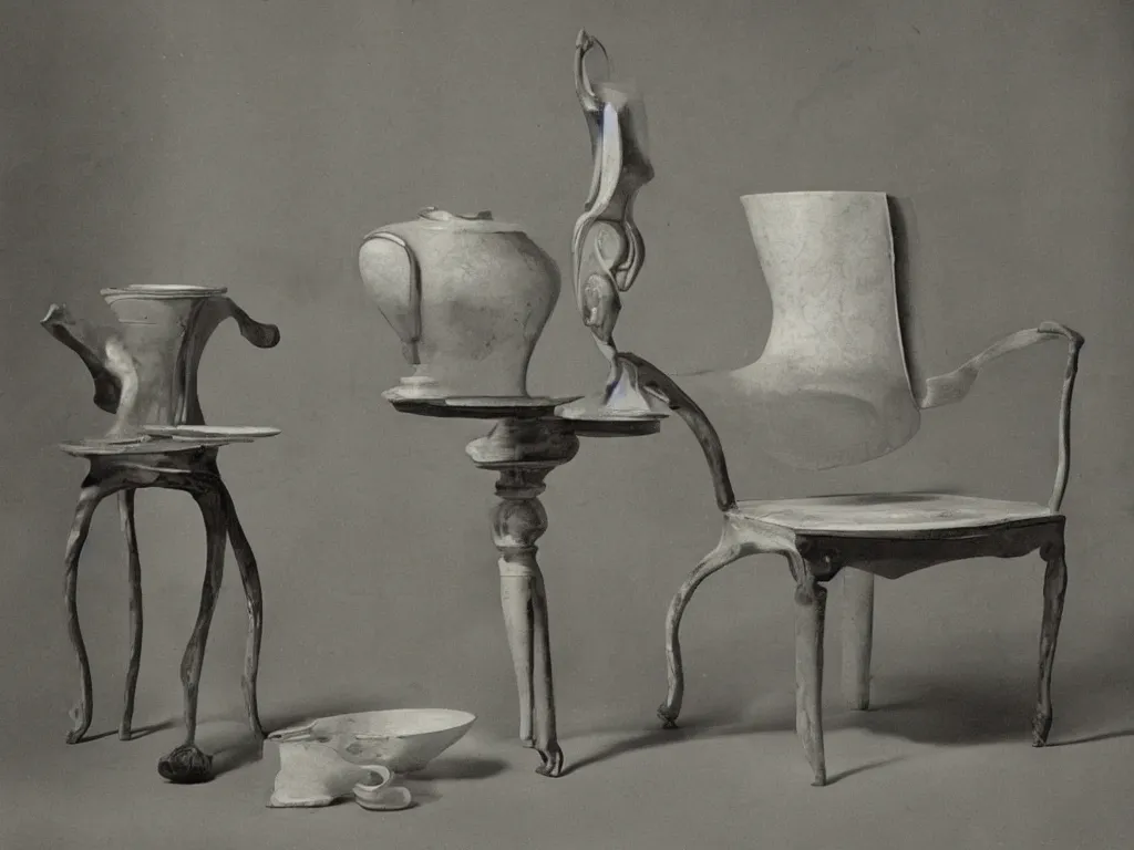 Image similar to renaissance marble chair with vase, pot, jug. karl blossfeldt, salvador dali