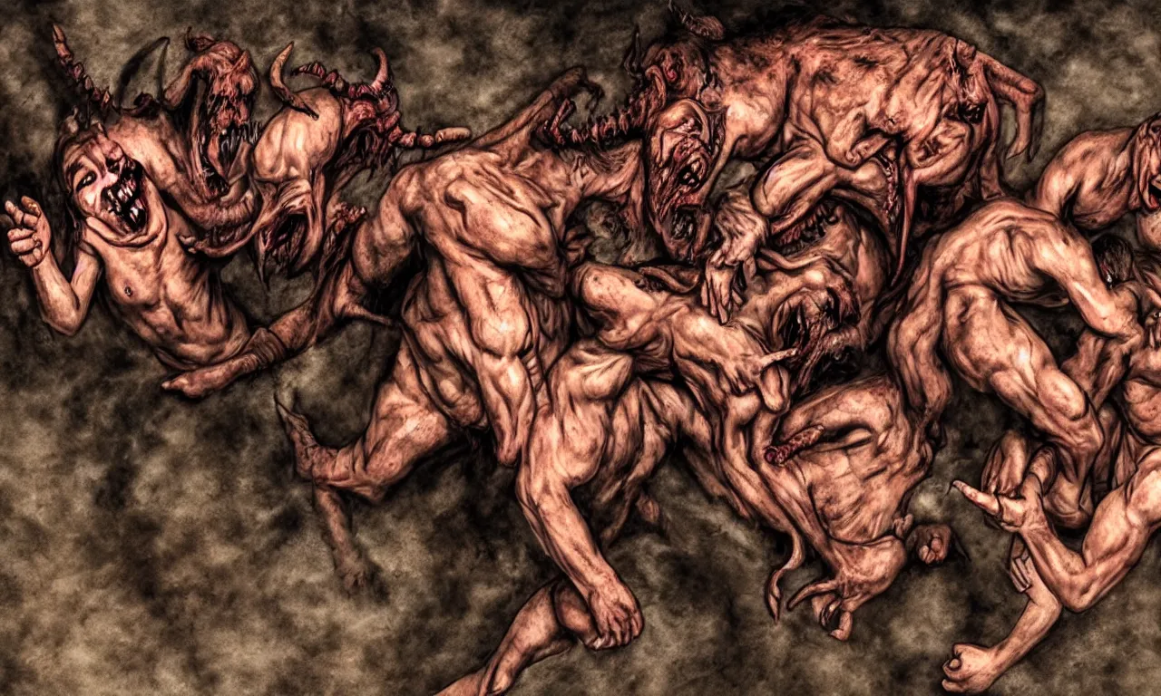 Prompt: mentally challenged demon wrestling with his inner demons