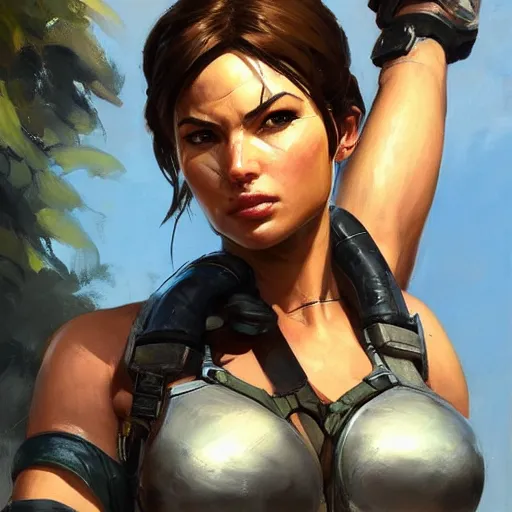 Image similar to greg manchess portrait painting of partially armored lara croft as overwatch character, close - up shot, asymmetrical, profile picture, organic painting, sunny day, matte painting, bold shapes, hard edges, street art, trending on artstation, by huang guangjian and gil elvgren and sachin teng