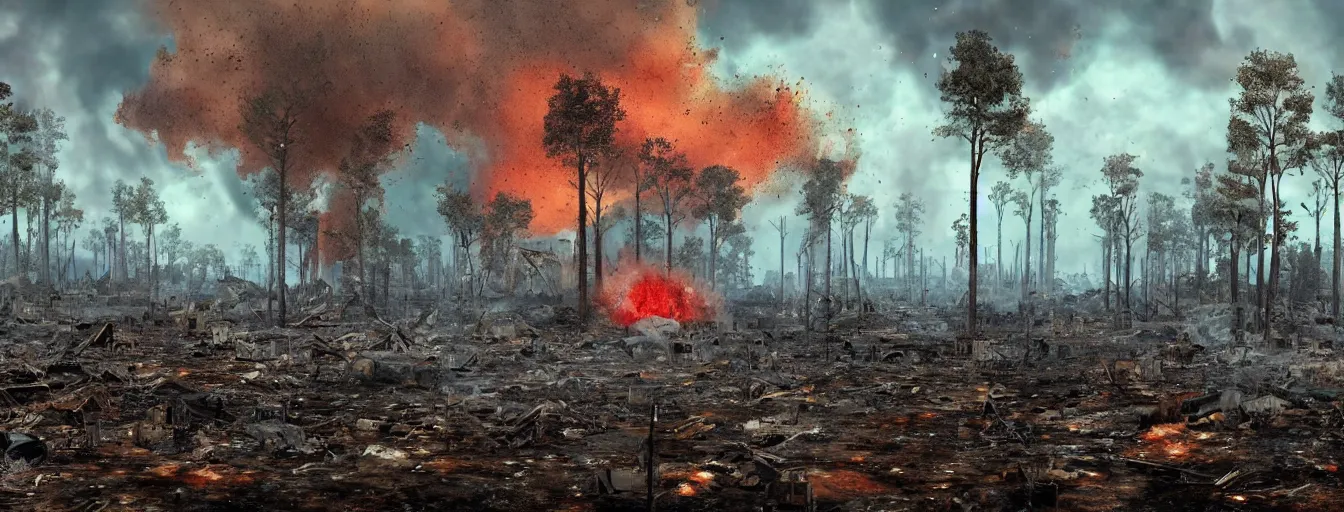 Prompt: still snapshots from moment of explosion hydrogen bomb, dust ground shockwave, waste, total devastation, broken forests, high detail, saturated colors, by james paick, render unreal engine - h 7 0 4