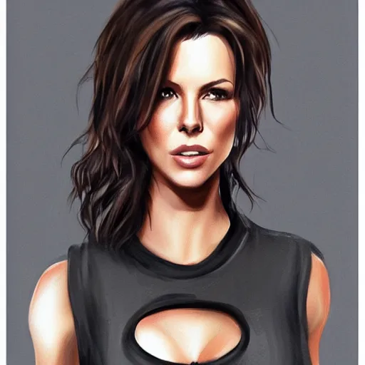 Prompt: Kate Beckinsale in a t-shirt and jeans, digital painting, artstation, concept art