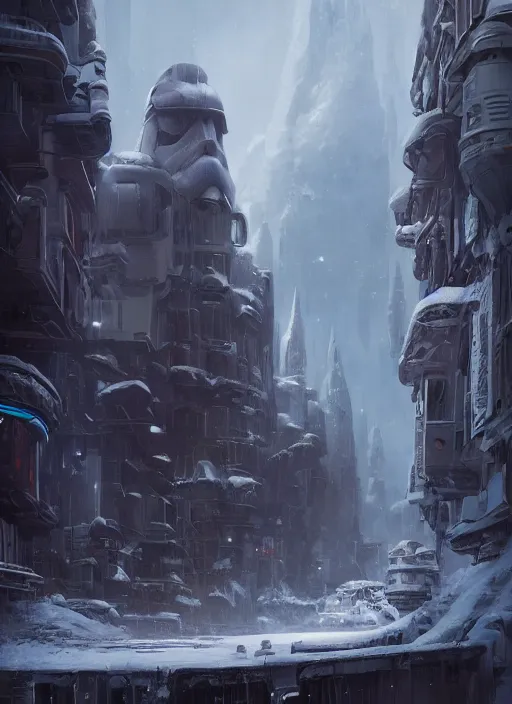 Image similar to portrait, snowy star wars futuristic river town. Dramatic lighting, cinematic, establishing shot, extremely high detail, photo realistic, post processed, artstation, matte painting, style by eddie mendoza, raphael lacoste, alex ross