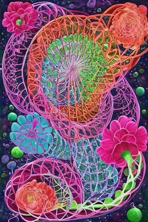 Prompt: flowers blooming on dna helix in the style of julie hewlett, julie hewlett art,