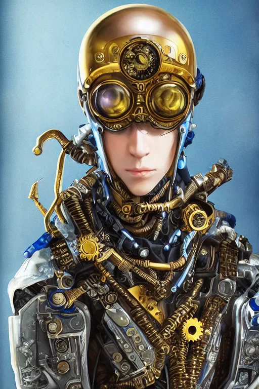 Image similar to Portrait of a steampunk sci-fi cyborg ninja male , third person, D&D, sci-fi fantasy, intricate, blue and gold, highly detailed , art by Range Murata, highly detailed, 3d, octane render, bright colors, digital painting, trending on artstation, sharp focus, illustration style of Stanley Artgerm,