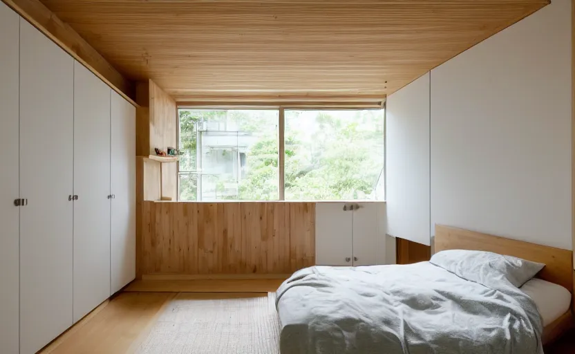 Prompt: interior of a small and compact minimalist bedroom in an apartment building, bed, cupboards, natural materials, bamboo wood, white, beige, bright, green painted wall, windows with a view of a green park, modernist, swedish design, japanese style, 8 k