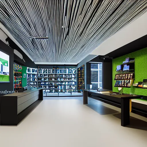 Image similar to interior photography of a Microsoft Samsung flagship store, black walls, portfolio, balanced, wood, eye-catching, polished concrete, spotlights, verdant plant wall, white neon, award winning interior design, patterns, retaildesignblog, dezeen, 14mm, 8k, cinestill, pentax, film