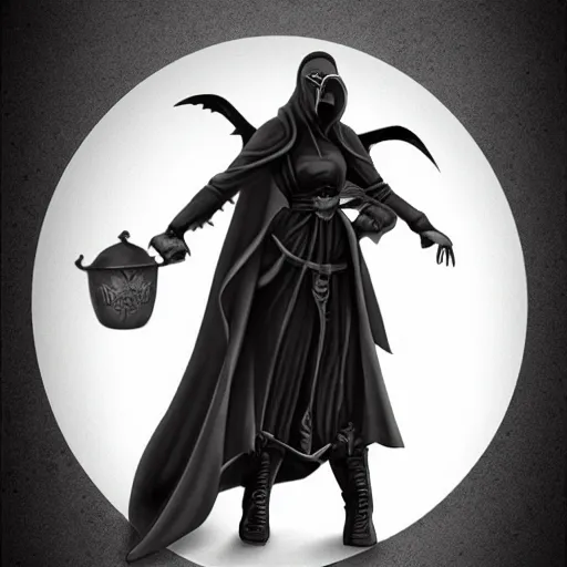 Image similar to female plague doctor donning a black hood, steel knightly armor and a white crow mask, trending on artstation