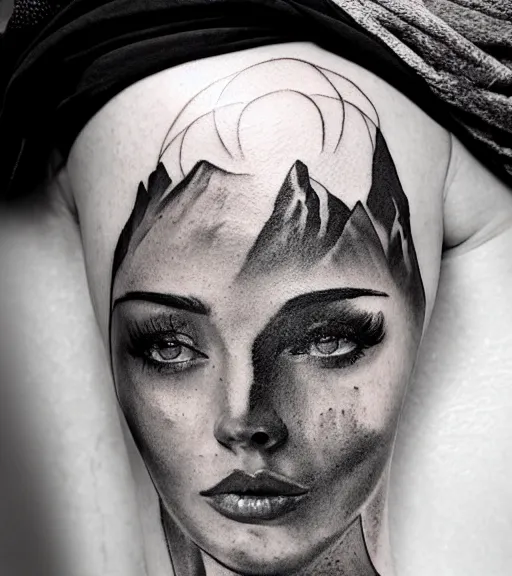 Image similar to tattoo design sketch of a beautiful woman face with a realistic mountain scenery on the womans side, hyper - realistic, double exposure effect, in the style of matteo pasqualin, amazing detail, black and white, faded