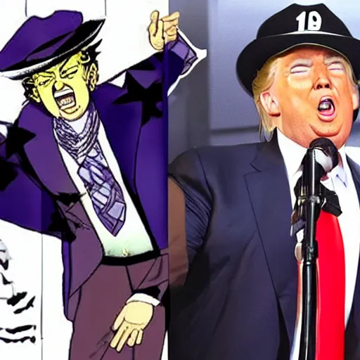 Image similar to Donald trump as jotaro kujo in jojo’s bizarre adventure, his stand is Obama as Star platinum, manga page