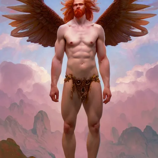 Image similar to panoramic view, beautiful natural male ginger angel wearing a white loincloth, intricate, elegant, highly detailed, digital painting, artstation, concept art, smooth, sharp focus, illustration, art by artgerm and greg rutkowski and alphonse mucha and loish and WLOP