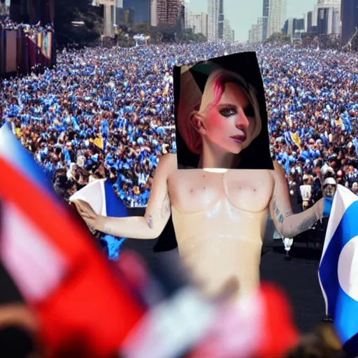 Image similar to Lady Gaga as President, Argentina presidential rally, Argentine flags behind, bokeh, epic photo, detailed face, Argentina