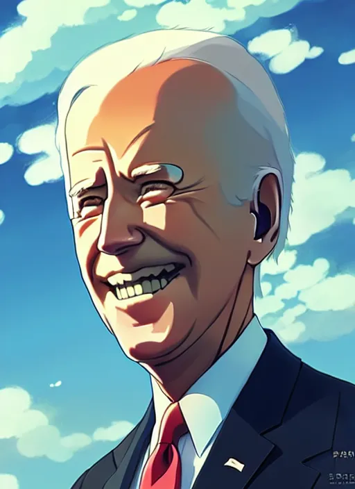 Image similar to portrait of joe biden, cloudy sky background lush landscape illustration concept art anime key visual trending pixiv fanbox by wlop and greg rutkowski and makoto shinkai and studio ghibli