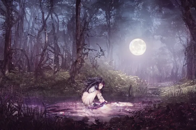 Image similar to goth woman in a moonlight view, in a forest, a river, tankoban, 4 k, tone mapping, akihiko yoshida, james jean andrei riabovitchev marc simonetti, yoshitaka amano, long hair, curly, h. hydrochaeri