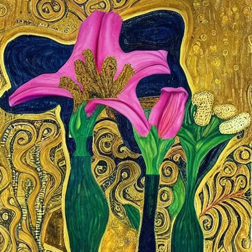 Image similar to an abstract and detailed painting of a lilies buke made out of geometric shapes, using gold paint like gustav klimt