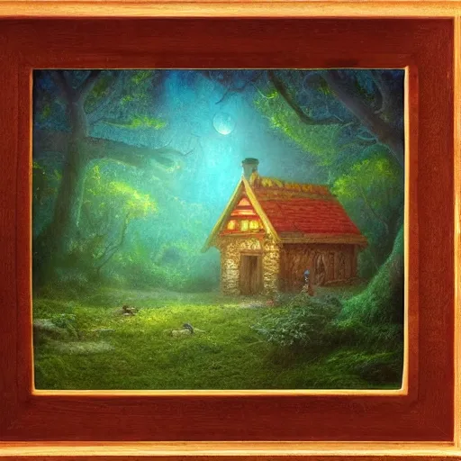 Prompt: small wooden house in the middle of enchanted forest, bright colours, watercolor, volumetric wool felting, macro photography, children illustration, by christophe vacher