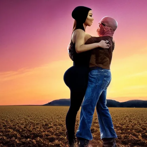 Image similar to walter white hugging kim kardashian, in a farm field, sunset