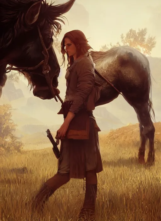 Image similar to highly detailed full body portrait of emma watson red dead redemption art, horse back, unreal engine, fantasy art by greg rutkowski