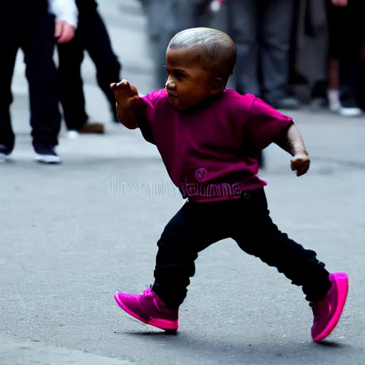 Prompt: portrait of midget kanye west running down a sidewalk, sharp focus, 4 k editorial photograph, soft lighting