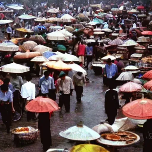 Prompt: A busy wet market in Hangzhou in the 1990s