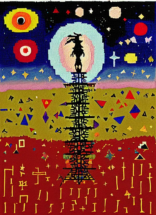 Image similar to pixel decollage painting tarot lovers card composition tower of babel road red armor maggot bear and wonky alien frog skeleton knight on a horse in a dark red cloudy night sky with golden foil jewish stars and diamonds, mountain lake and blossoming field in background, painted by Mark Rothko, Helen Frankenthaler, Danny Fox and Hilma af Klint, pixelated, neo expressionism, semi naive, pastel colors, cinematic, color field painting, cave painting, voxel, pop art look, outsider art, minimalistic. Bill Traylor painting, part by Philip Guston, Amano and Francis Bacon. art by Adrian Ghenie and Storm Thorgerson, very coherent symmetrical artwork, cinematic, hyper realism, high detail, octane render, unreal engine, Smooth gradients, depth of field, full body character drawing, extremely detailed, 8k, extreme detail, intricate detail, masterpiece