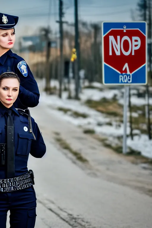 Prompt: photo portrait of beautiful female police officer from russia shyly showing the