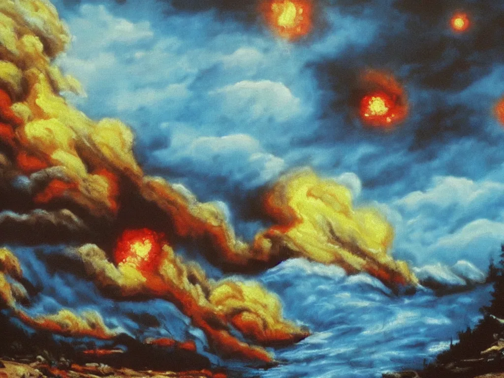 Image similar to bob ross painting of nuclear holocaust