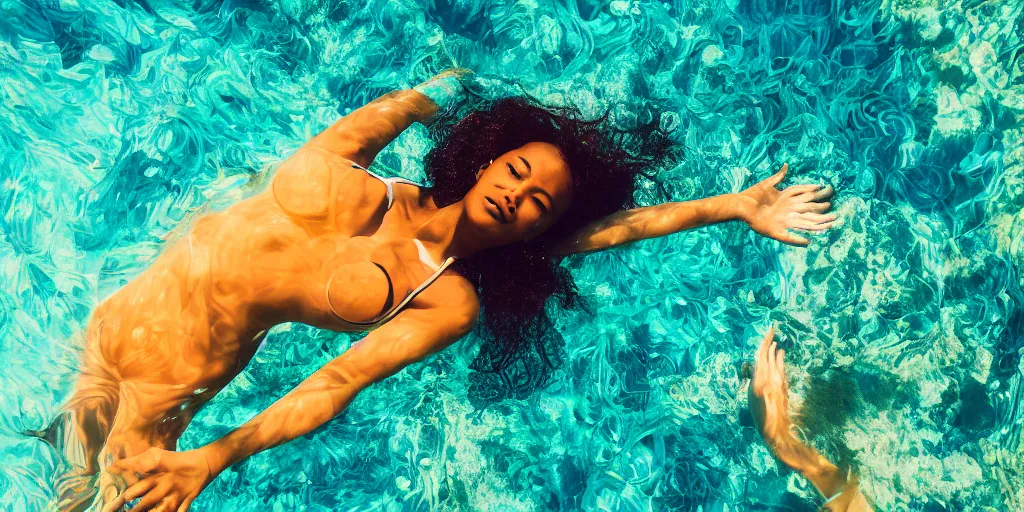 Prompt: portrait of beautiful woman of color in ocean , swimming up to a boat, sun rays ,caustics , 35mm film , cinematic, wide angle view, looking up, underwater photography
