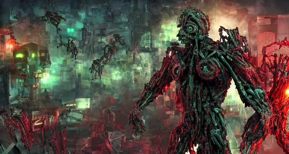 Prompt: a dystopian superhero comic book called modifikation, the main superhero is an altered beast that is half zombie half biomechanical robot, about bacterium algae that eats people and creates large red diodes all over their bodies hdr, designed by comicraft and yasushi nirasawa, hyperrealistic, 8 k, bokeh, prism, octane render