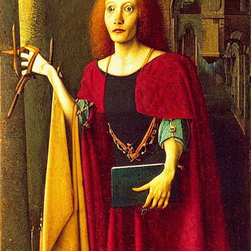 Image similar to portrait of beautiful witch circe in the odyssey, art by jan van eyck