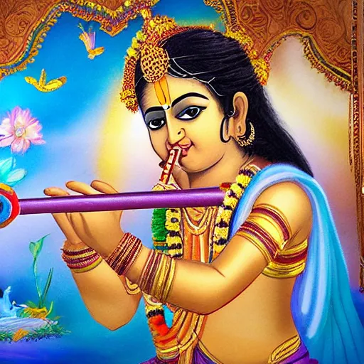 Image similar to Lord Krishna playing flute and all creatures of the world listening his soul full music , dreamy, mediation, magical effect, artstation, clear clean face, full body ,hyperreal, hyperdetailed