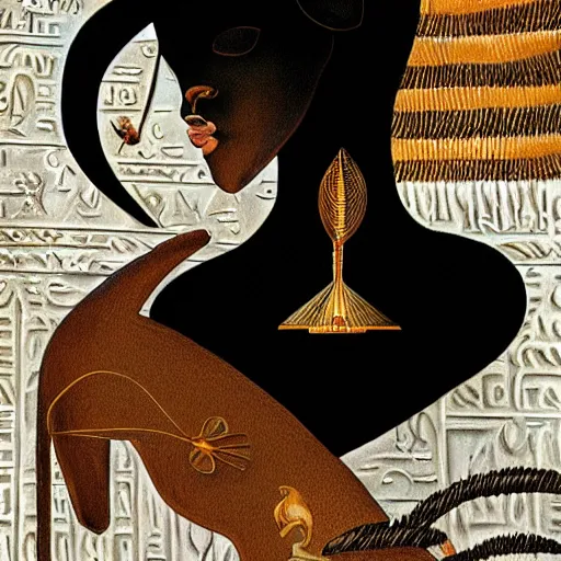 Image similar to a brown skinned black woman, with two cats, elegant, intricate, digital painting, smooth, sharp focus, illustration, salvador dali, ancient egypt, art deco, garden, diamonds