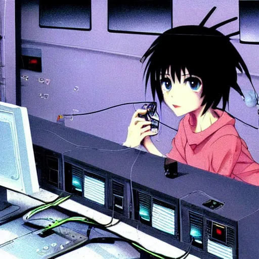 Prompt: pizza looking at a large desktop with a pizza on it monitor serial experiments lain Lain dennou neon genesis evangelion coil gantz Character Anime Sits at Complex room Office full of wires computer servers databanks vents fans coolant systems looking at a large desktop monitor Ismail Inceoglu Arnold Bocklin Jakub Rebelka dug stanat