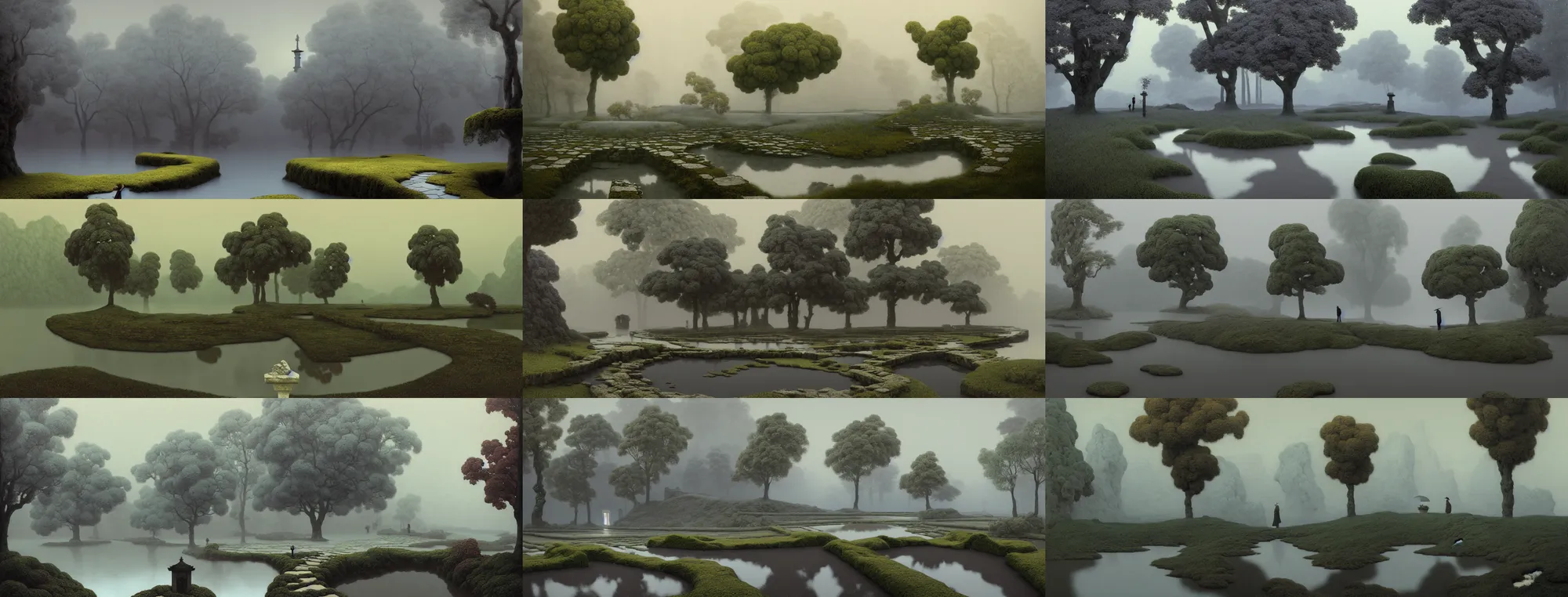 Image similar to a gorgeous bleak spring landscape painting by barlowe wayne maxfield parrish and marco mazzoni. rainy mood. traditional huizhou architecture. lonely memorial ceremony. grey blue and very little light verdancy. wet winding stone steps. ultra clear detailed. 3 d, octane render. turbulent blood lake. fog, 8 k
