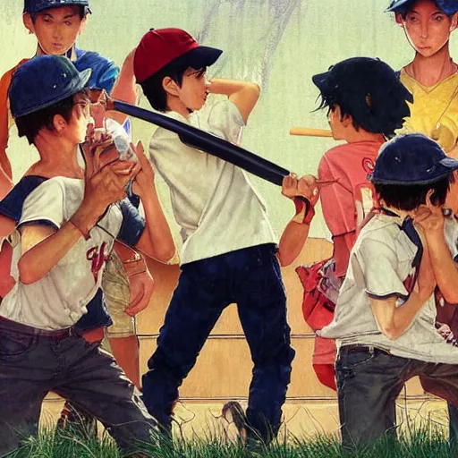 Prompt: a summer day. A teen boy with black hair is wearing a baseball cap and outfit and swinging his baseball bat. Norman Rockwell. Makoto shinkai. Kuvshinov ilya. Masterpiece. Rule of thirds.