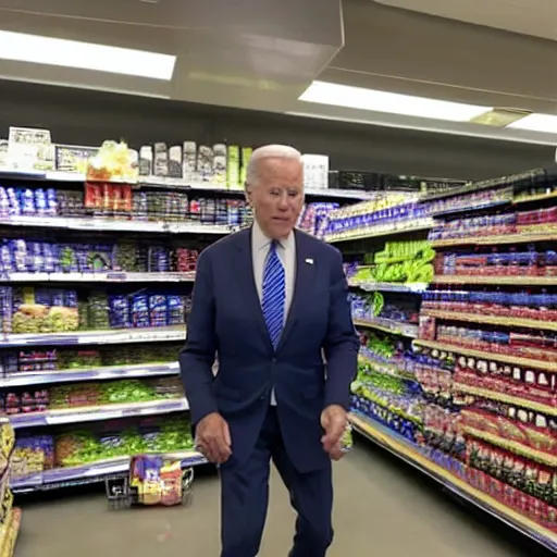 Prompt: joe biden at the grocery store surveillance footage