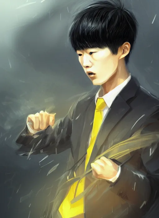 Image similar to a highly detailed illustration of korean man with bowl cut black hair wearing tie with giant black claws, wielding giant black fog claws pose, yellow eyes, tired expression, foggy black mist surrounding background, intricate, elegant, highly detailed, centered, digital painting, artstation, concept art, smooth, sharp focus, league of legends concept art, wlop.