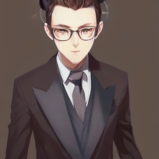 Image similar to A realistic anime portrait of a handsome young man with cat ears wearing a suit, digital painting, by WLOP and Rossdraws, digtial painting, trending on ArtStation, deviantart