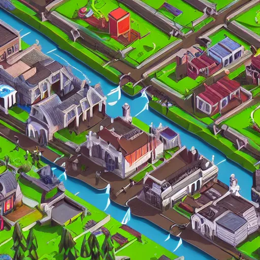 Prompt: small fantasy town, view from above, isometric, stylized, river, game art, octane renderer