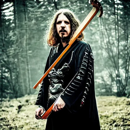 Image similar to mikael akerfeldt of opeth, wearing samurai armor