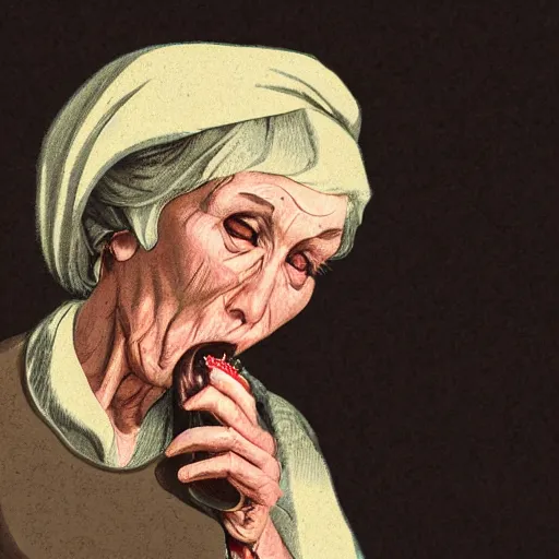 Prompt: a stylized image of an old woman swallowing a whole goat