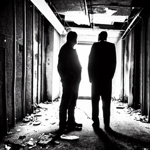 Image similar to two men in black, watching a black hole forming in the grimy grungy basement of an abandoned apartment block, wires, cables, grainy black and white photography