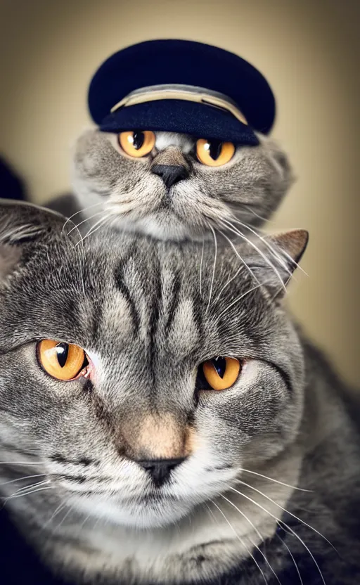 Prompt: portrait photo of scottish fold cat wearing a black military hat, blue tabby fur, highly detailed, high resolution, cosplay photo, stunning, bokeh soft, trending on instagram, by professional photographer, soldier clothing, military uniform, shot with a canon